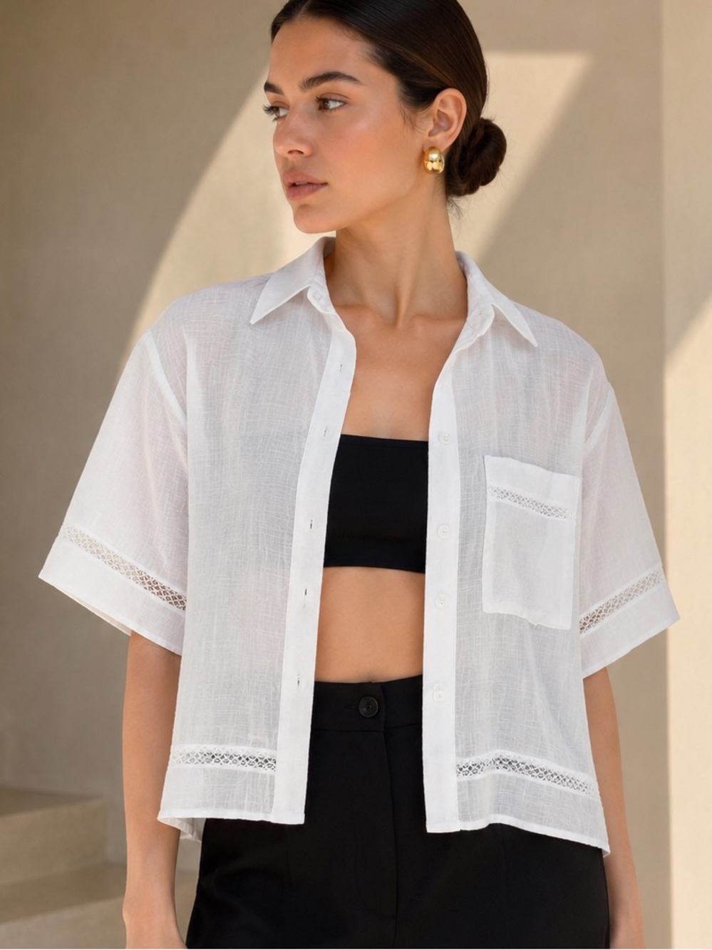 Zara White Sheer Lace Trim Cropped Button Up Shirt Size S